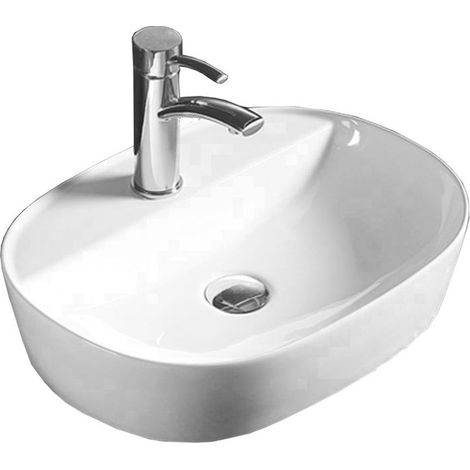 Vasque à poser ovale Silla, lavabo salle de bain en céramique 50x38x12 cm, design moderne, installation facile, Blanc