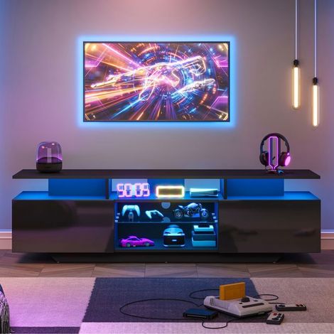 Meuble tv led 160 x 40 x 45 cm 2 compartiments fermés 8 espaces de rangement structure en mdf finition noir brillant éclairage led (1/5)