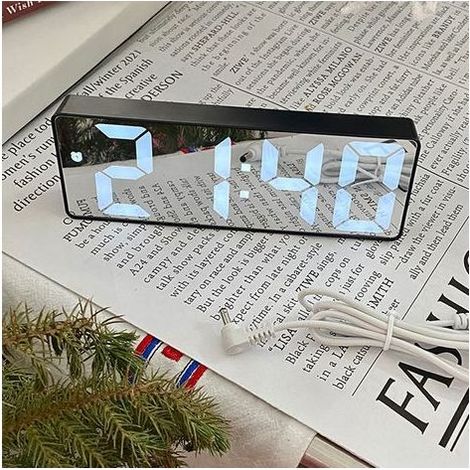 Réveil numérique LED miroir intelligent silencieux, horloge électronique de bureau pour étudiants, coque noire avec câble de charge, sans pile. (1/5)