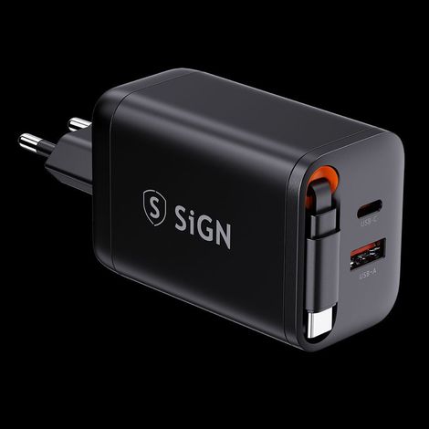 Sign gan fast charger usb cusb a 65w with extendable usb c cable - black