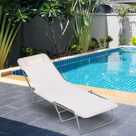 Chaise longue jardin pliante dossier inclinable coussin métal texteline crème 182x56x28 cm