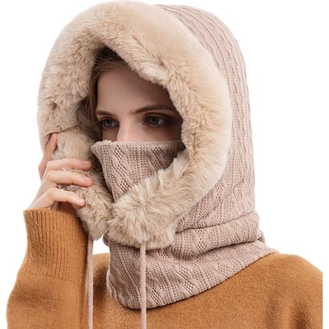 Cagoule chaude pour femme, coloris beige, bonnet de ski et cyclisme (1/3)