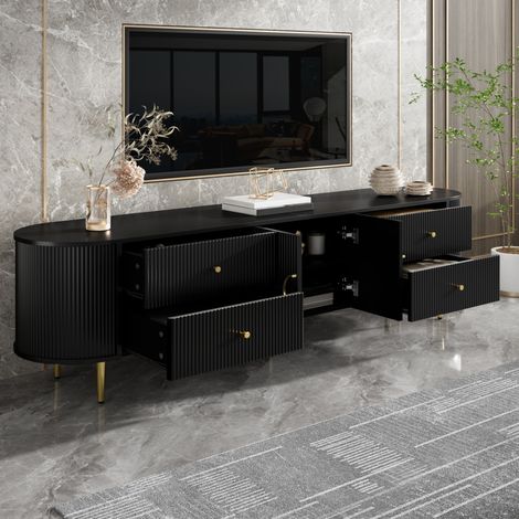 REDOM - Mueble TV - 180x40x38 cm - almacenaje con cajones y doble puerta - pasacables - MDF - negro