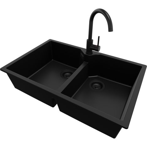 PRIMAGRAN Evier Cuisine en Granit 78x50cm, Lavabo 2 bacs + Robinet 32x20cm + Kit de Vidage, Évier à Encastrer au meuble 80cm - Madrid Twin, Tout Noir