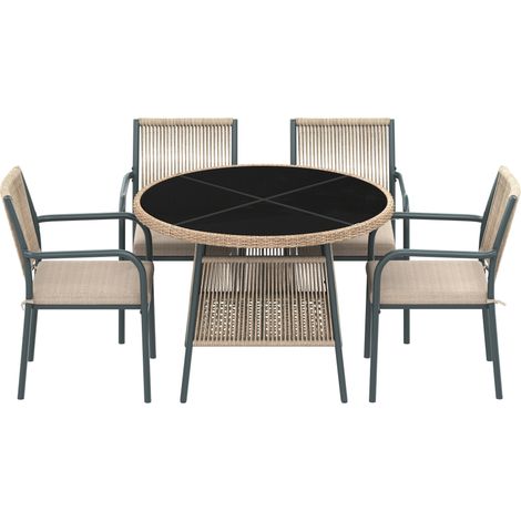 Ensemble de mobilier de jardin en rotin, table ronde en verre et 4 chaises avec accoudoirs, structure en fer, pour terrasse, balcon ou véranda (1/5)