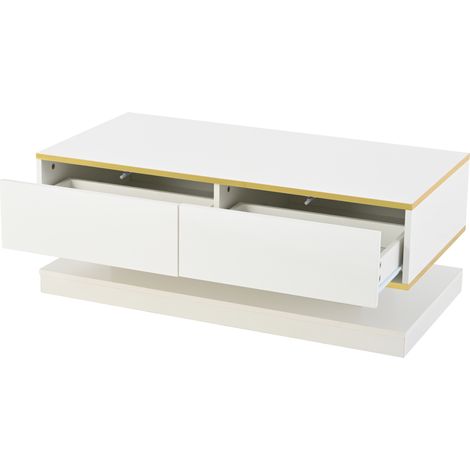 Tavolino da salotto lucido 100 x 50 x 38 cm, 2 cassetti, bianco caldo con bordo dorato, HOMVRA (1/5)
