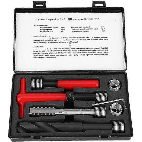 Kit de réparation de filetage 11 pièces en acier inoxydable, clé à tarauder hélicoïdale, outil d'insertion filetée M16x2 (1/2)