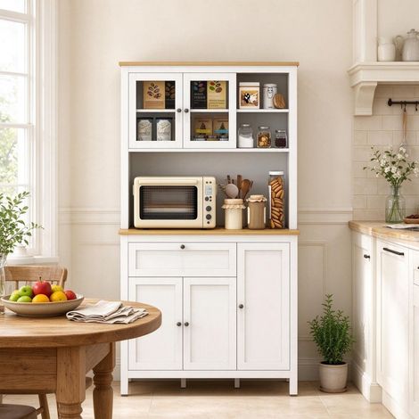 Buffet de Cuisine 2 portes vitrées meuble haut 5 portes 1 tiroir niche centrale espace de rangement (1/5)