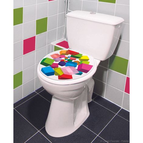 Sticker WC 3D moderne, 33x38cm, déco abattant toilettes, cubes de couleurs variées. (1/5)