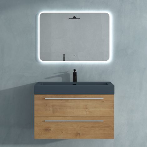 Mai & Mai Meuble de Salle de Bain Marron Clair 90cm Meuble sous Vasque Quadratto Meuble Suspendu avec Vasque et Miroir (1/5)
