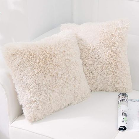 Set di 2 fodere per cuscini in morbida pelliccia di peluche, cuscini decorativi quadrati per soggiorno, divano, camera da letto, auto, 43x43 cm, beige