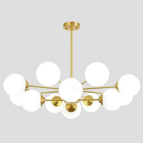 Lampadario moderno GOECO color oro, attacco E27 con paralume in vetro satinato bianco, lampada a sospensione per soggiorno, ristorante, camera da letto, 8+4 luci