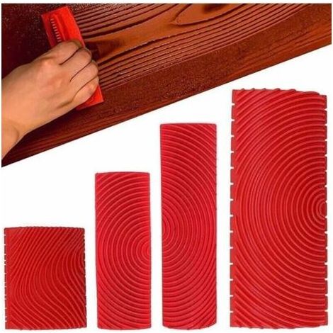 Lot de 4 Grain Bois Caoutchouc Imitation Grain Bois Outil Bois Grainage Caoutchouc Imitation Bois Grain Peinture Outils De Texture Pour Mur De Maison, Outils De Peinture à Grain De Bois En C, (1/5)