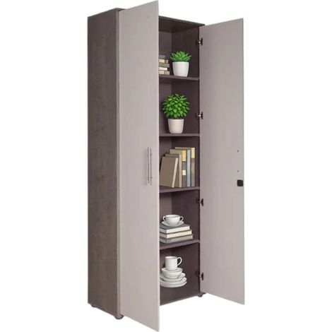 Dmora – Bibliothèque 2 portes 4 étagères avec serrure – Rangement bureau 79x34x188 cm – Blanc et ciment – Panneau mélaminé résistant - 79x34h188 (1/5)