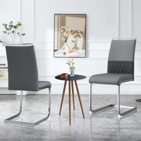 Lot de 2 chaises modernes de salle à manger,dossier PU et lin à bandes croisées,rembourrées,pour cuisine,salon et bureau d’invités,gris.