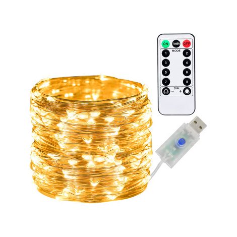 [Lot de 2] Guirlande lumineuse LED de 20 m, 200 lumières alimentées par USB, fil de cuivre, éclairage intérieur et extérieur (blanc chaud) (1/5)