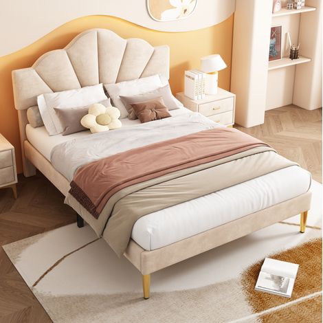 Lit tapissé 140/200 cm beige en velours à tête de lit réglable et pieds dorés (1/5)