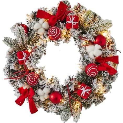 Couronne de Noël avec lumière LED, 40 cm, blanche et floquée, avec boule de Noël, nœud, ruban et boîte cadeau, décoration pour cheminées, murs et fenêtres (rouge) (1/5)