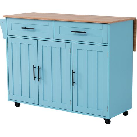Isla de cocina con ruedas HOMVRA 129 x 71 x 91,5 cm azul con encimera abatible y almacenamiento (1/5)