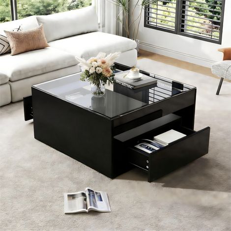 REDOM Table basse 70x70x35 cm, 2 tiroirs avec façades brillantes, plateau en verre trempé, éclairage LED contrôlable par application, MDF noir (1/5)