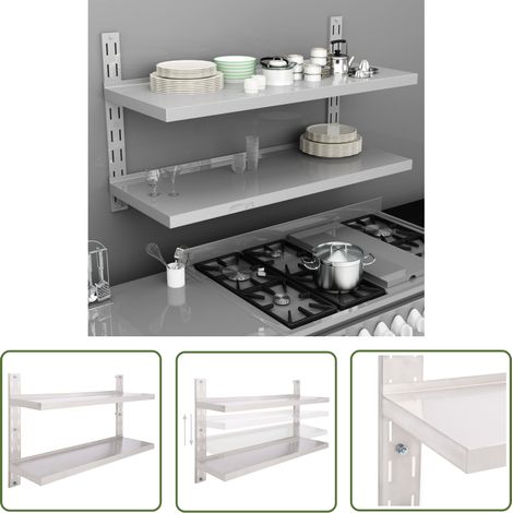 The Living Store Étagère murale à 2 niveaux Acier inoxydable 120x30 cm - Étagère Murale - Étagère Cuisine - Rangement Cuisine - Étagère Inox - Étagère Flottante (1/5)