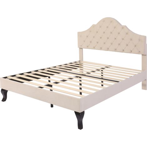 Lit capitonné 140190 avec sommier à lattes et tête de lit, tête de lit réglable en hauteur, pour adultes et adolescents, sommier à lattes en bois, montage facile, velours, beige (1/5)