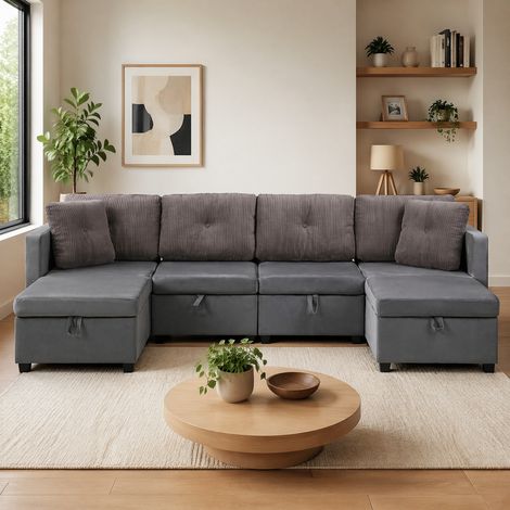 Canapé U modulaire avec rangement 261 x 132,5 x 85 cm velours et velours côtelé HAVRYA (1/5)