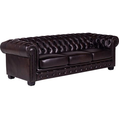 Vente-Unique – Canapé Chesterfield 4 places 100% cuir de buffle pleine fleur – Marron chocolat – Accoudoirs cloutés – Design capitonné (1/4)