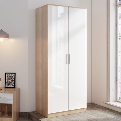 ELEGANT Modern Soft Close 2 Doors Wardrobe with Metal Handles Includes a removable hanging rod and storage shelves, White/Oak (1/5)