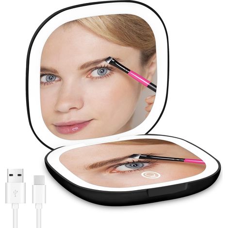 Miroir compact avec grossissement 1x/10x, miroir de poche portable, miroir de maquillage avec LED double face Miroir de voyage léger et rechargeable USB-C (noir) (1/5)