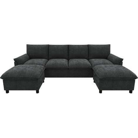 Divano modulare a U in ciniglia nera con 2 pouf mobili e schienale alto 264,5 x 142,5 x 84 cm (1/5)