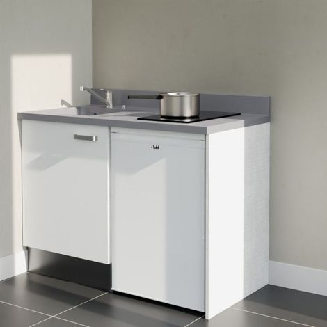 Kitchenette K08L - 120 cm - plan monobloc évier intégré Cromo- évier à gauche - Façades Blanc + Electroménager inclus coloris Blanc (1/5)