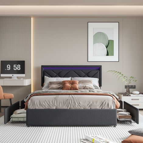 Letto 160x200 cm - Letto matrimoniale 140x200 - LED - rete a doghe e testiera regolabile - lino, grigio (1/5)