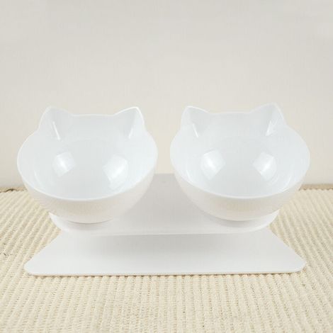 Bol pour chat double, bol pour chat surélevé à inclinaison de 15 °, mangeoire pour animaux de compagnie à double bol avec support surélevé(double bol blanc) (1/5)