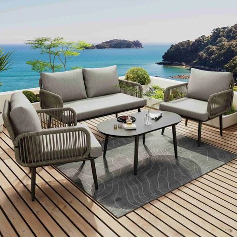 Set de fauteuils de jardin relax gris - Sofa 2 places + 2 fauteuils + table, corde tressée main, acier galvanisé, plateau verre bois
