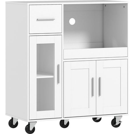 Carro de cocina con ruedas blanco con cajón, estantes, bandeja extraíble y hueco para cable (1/5)