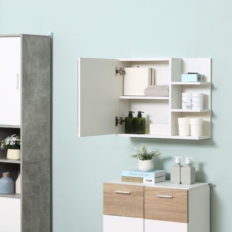 Miroir de toilette blanc avec armoire et 3 étagères latérales en bois, dimensions 60x18x50 cm, rangement mural pour salle de bain (1/5)