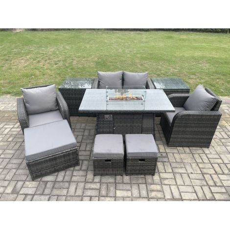 Fimous Rattan Gartenmöbel Set Outdoor Patio Gas Feuerstelle Esstisch und Stühle mit Love Sitz Sofa 3 Fußhocker 2 Beistelltische (1/5)