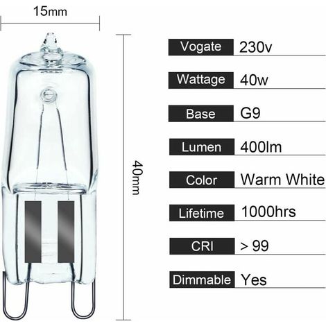 Backofenlampe, G9, Halogenofen, G9, 40 W, 230 V, Toleranzbirne, 300 °C, 2 Stück (1/3)
