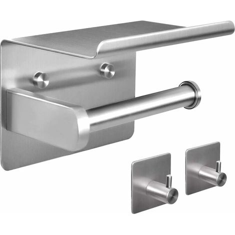 VURAHOME - Porte Papier Toilette, Porte Rouleau de Papier Toilette avec Etagère de Téléphone, Acier INOX 304, sans Perçage Support Mural pour Salle de Bain (Nickel Brossé) (1/5)