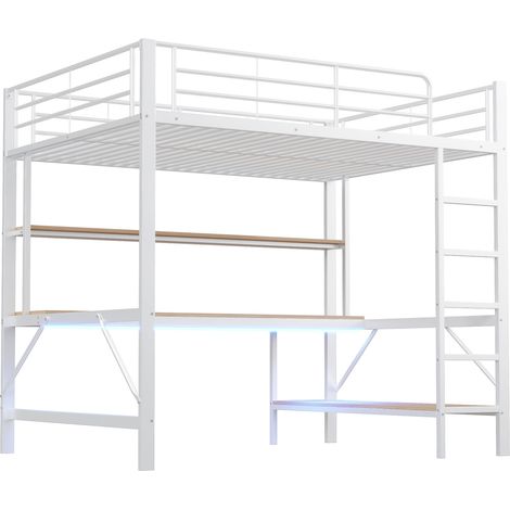 Letto a soppalco 140x200 cm in metallo bianco con scrivania, scaffali, LED, USB e prese (1/5)