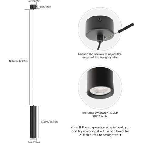 Zweiteilige GU10-Zylinder-Pendelleuchte, moderne LED-Pendelleuchte mit 5-W-Leuchtmittel (472 lm), für Wohnzimmer, Schlafzimmer, Küche, Nachttisch, warmweißes Licht (3000 K), 30 cm, Schwarz (1/5)