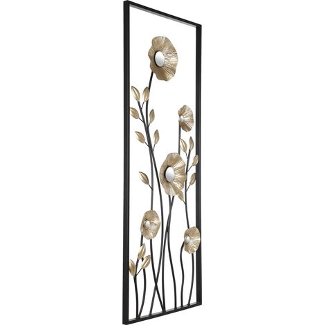 EGLO LIVING Wanddeko Chikuma, 3D Wandbild im Blumen-Design mit Ramen, Wandobjekt aus Metall in Messing und Schwarz, Wand Deko für Wohnzimmer, Wanddekoration 38,5 x 100 cm