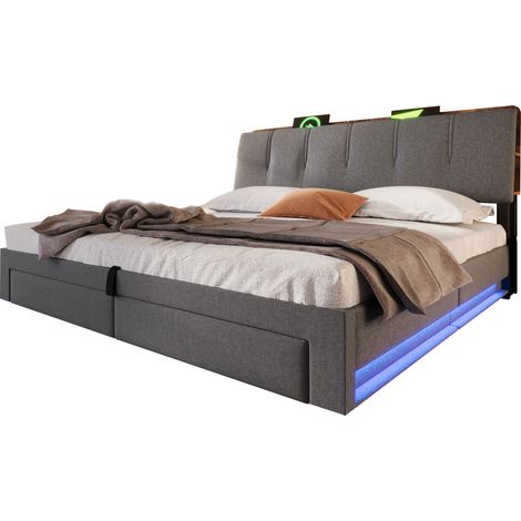 Polsterbett Doppelbett 180 x 200 cm aus Leinen mit USB, Type-C, LED und Schubladen, ohne Matratze, Grau (1/5)