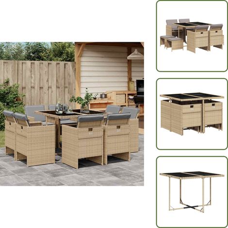 Tabouret de jardin - vidaXL Ensemble à manger de jardin et coussins 9 pcs mélange beige - Chaise de jardin avec dossier rabattable