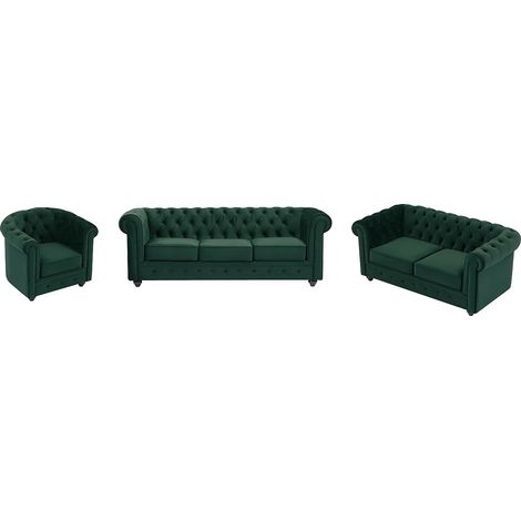 Canapé 3 places, 2 places et fauteuil en velours vert CHESTERFIELD