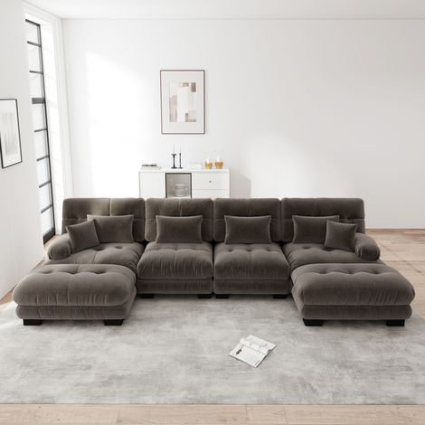 Canapé modulaire en U marron en chenille avec ottomans mobiles et assise profonde 4 places (1/5)