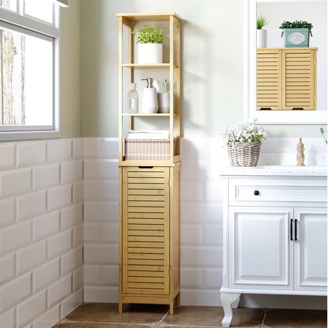 Mueble de baño de bambú 34 x 30 x 173 cm, 3 nichos, 1 armario, natural DESVIAE (1/5)