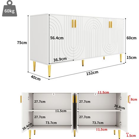 Buffet blanc design ondulé unique, 152x40x75cm, poignées et pieds dorés, meuble de rangement élégant pour salle à manger raffinée. (1/5)