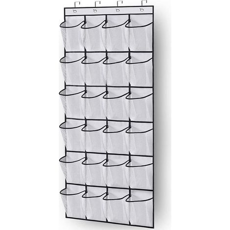 Wall-mounted shoe organizer for over the door – 24 space-saving pockets, 3 integrated hooks, white, 60 x 40 cm (1/5)